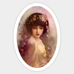 Vintage Style Portrait of Beautiful Woman with Flowers Sticker